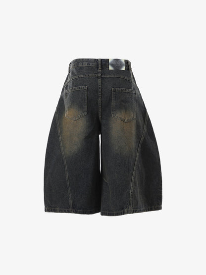 Curved Silhouette 3D Paneled Denim Shorts 