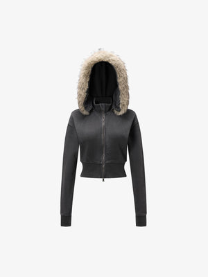 Distressed Faux Fur Slim Zip-Up Hoodie