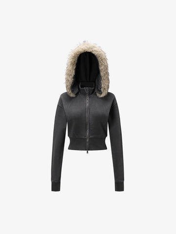 Distressed Faux Fur Slim Zip-Up Hoodie