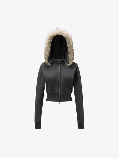 Distressed Faux Fur Slim Zip-Up Hoodie