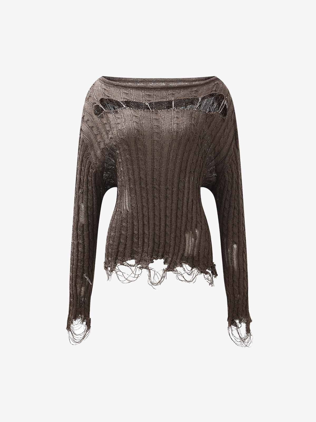 Distressed Pin Off-Shoulder Sweater