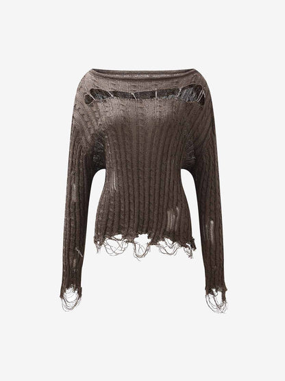 Distressed Pin Off-Shoulder Sweater