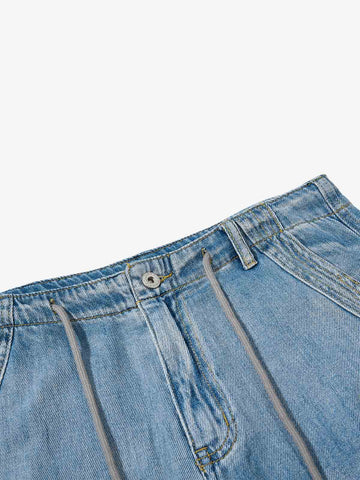 Distressed Denim Shorts with Embroidered Graphic – Drawstring Waist Cotton Fit