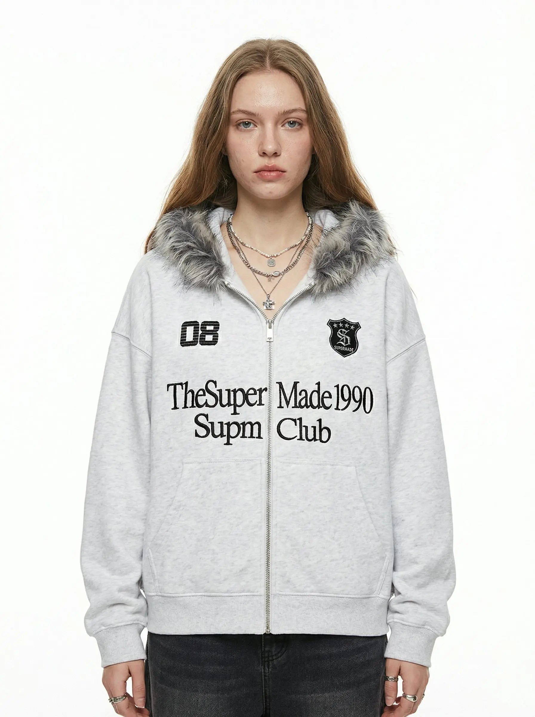 Letter Medal Embroidered Cardigan Fur Collar Zip Up Hoodie- 2502 