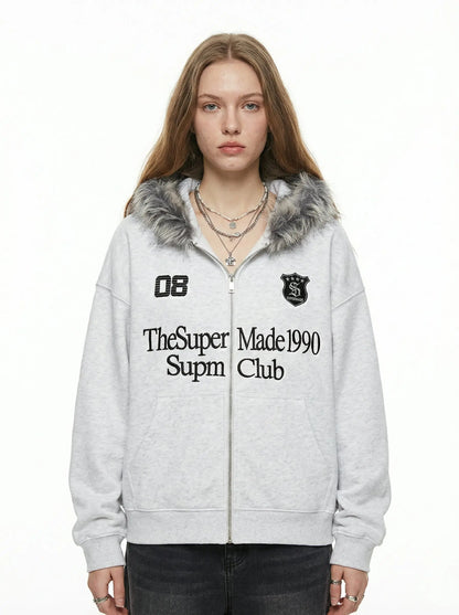 Letter Medal Embroidered Cardigan Fur Collar Zip Up Hoodie- 2502 