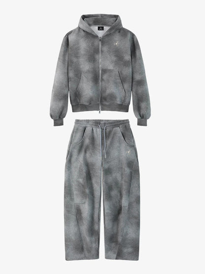 Vintage Washed Tie-Dye Zip Up Hoodie & Barrel Sweatpants Tracksuit 