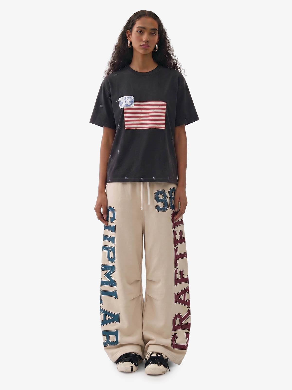 Retro Color-Block Letter Print Baggy Pants