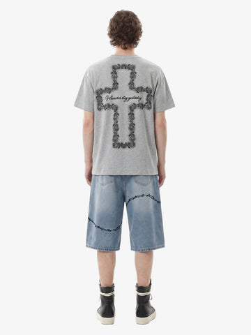Vintage Barbed Wire Embroidery Distressed Washed Denim Jorts 