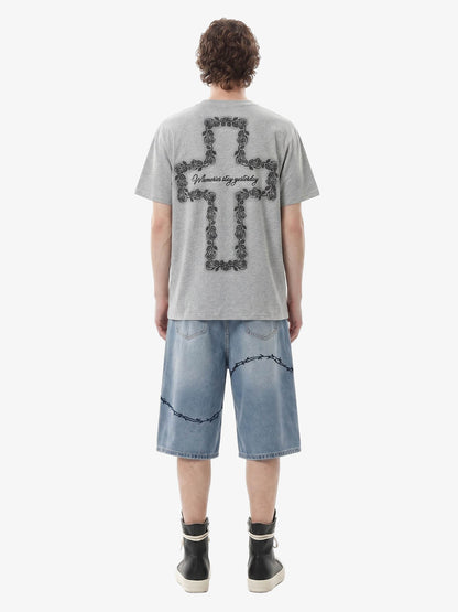 Vintage Barbed Wire Embroidery Distressed Washed Denim Jorts 