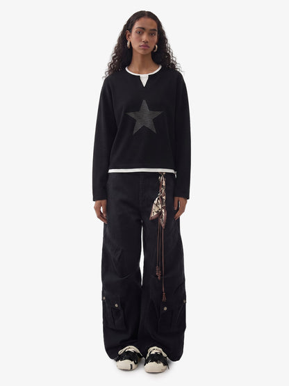 Layered Crewneck Star Print Long-Sleeve T-Shirt