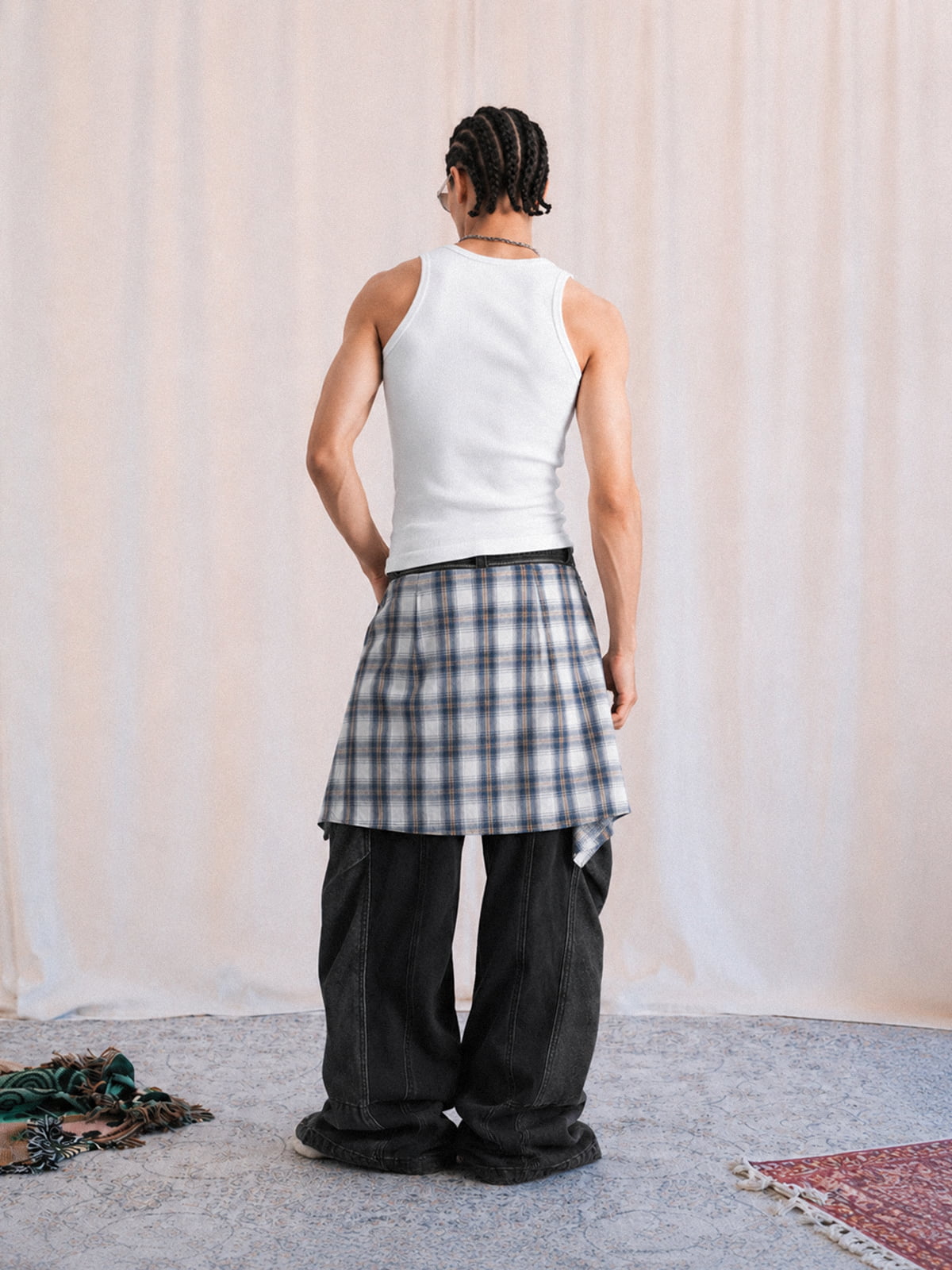 Denim Faux Two-piece Plaid Detachable Scimitar Jeans - 2435