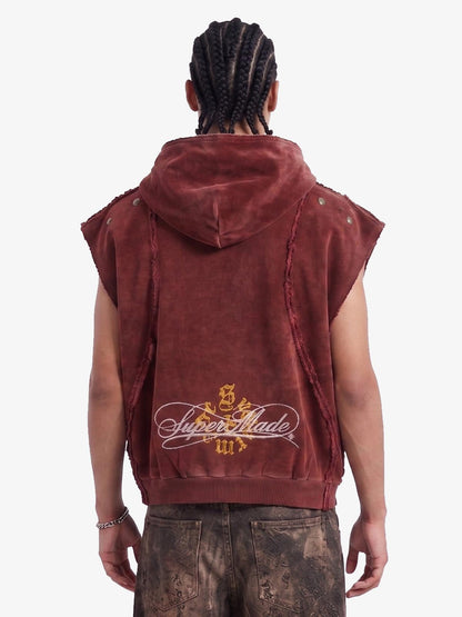 Vintage Distressed Full-Zip Hooded Sleeveless Vest 