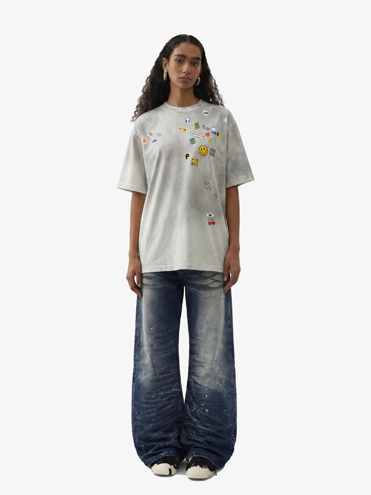 Distressed Washed Paint Splatter Wide Leg Jeans 