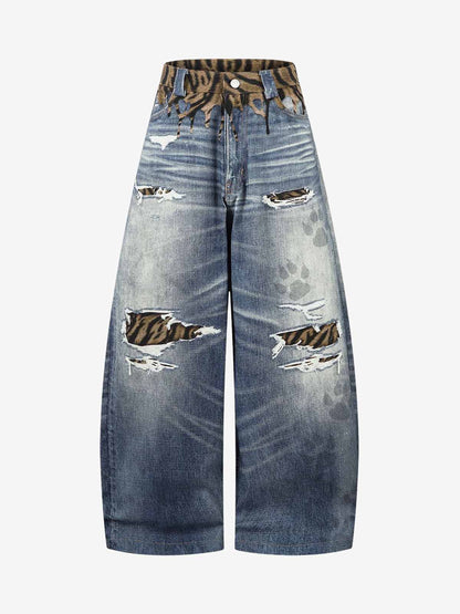Vintage Washed Tiger Print Wide Leg Denim Jeans 