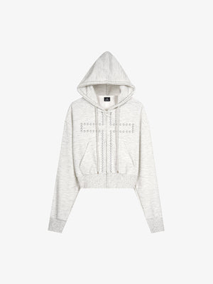 Leopard Print Stud Detail Cropped Zip-Up Hoodie