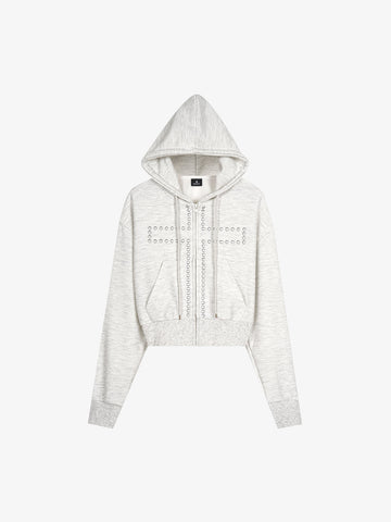 Leopard Print Stud Detail Cropped Zip-Up Hoodie