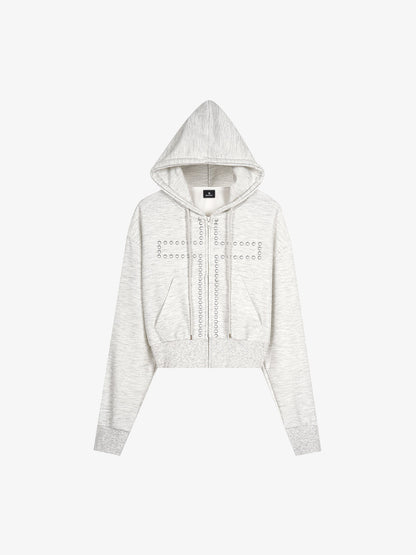 Leopard Print Stud Detail Cropped Zip-Up Hoodie
