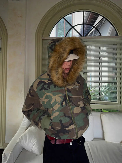 Camouflage Fur Collar Reversible Cotton Jacket - 2499 