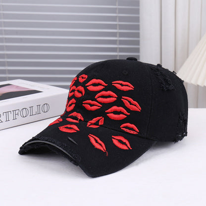 Red Lip Embroidery Distressed Baseball Cap 