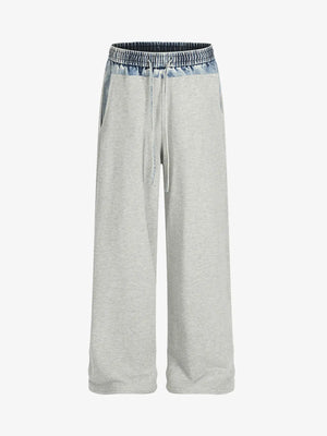 Vintage Wash Denim Waistband Patchwork Sweatpants 