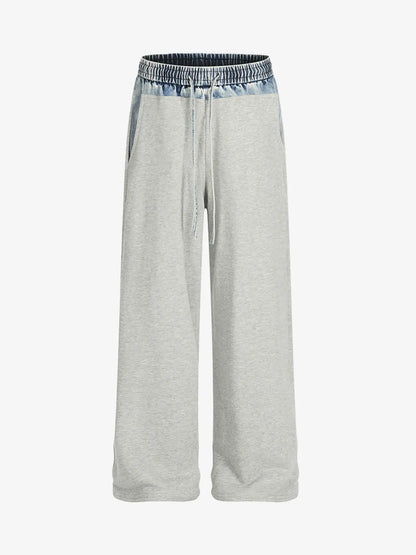 Vintage Wash Denim Waistband Patchwork Sweatpants 