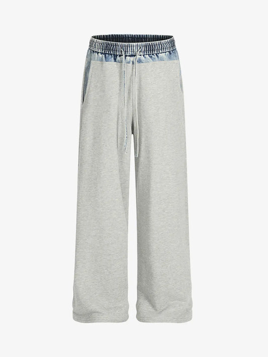 Vintage Wash Denim Waistband Patchwork Sweatpants 