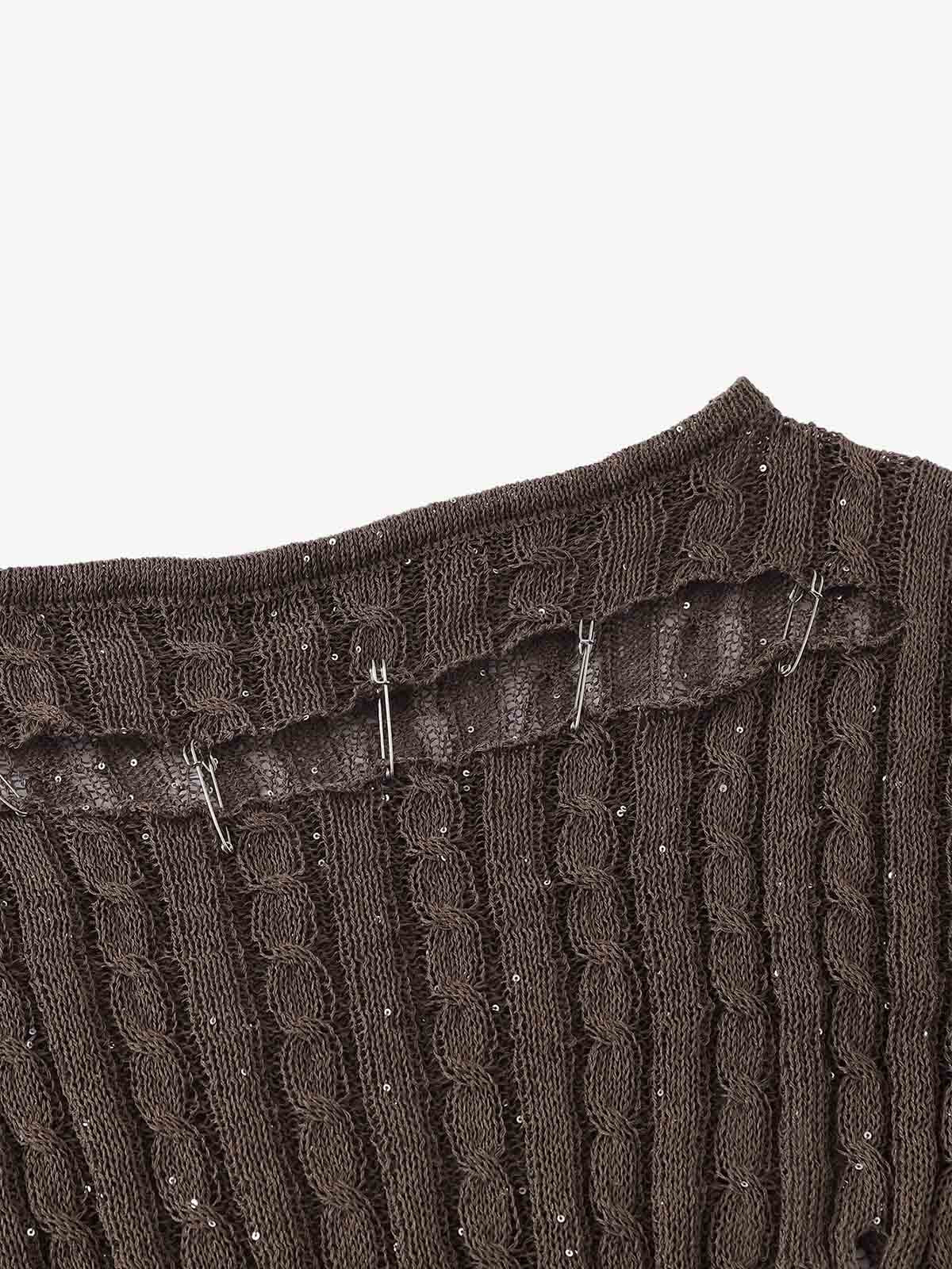 Distressed Pin Off-Shoulder Sweater