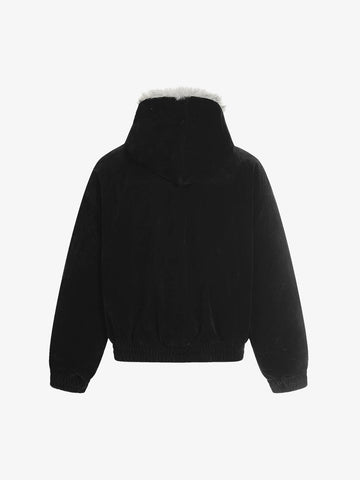 Streetwear Metal Clip Faux Fur Hooded Suede Bomber Jacket - 2597 