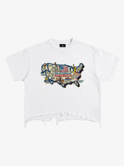 USA Map Ripped Hem T-Shirt