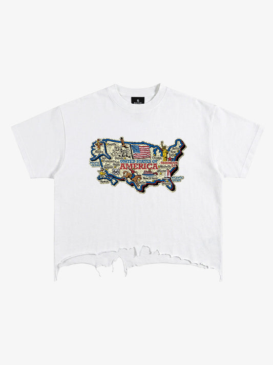 USA Map Ripped Hem T-Shirt
