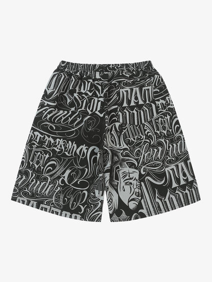 Black & White Graphic Lounge Shorts – Elastic Waist Drawstring Streetwear Shorts