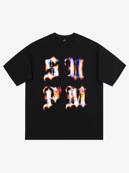 Cotton Logo Letter Design Short-Sleeve T-Shirt - Features Retro Digital Glitch Letter Print, Unisex 