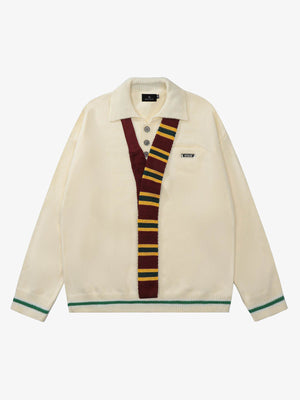 Retro Striped Contrast Panel Button-Up Collar Sweater 