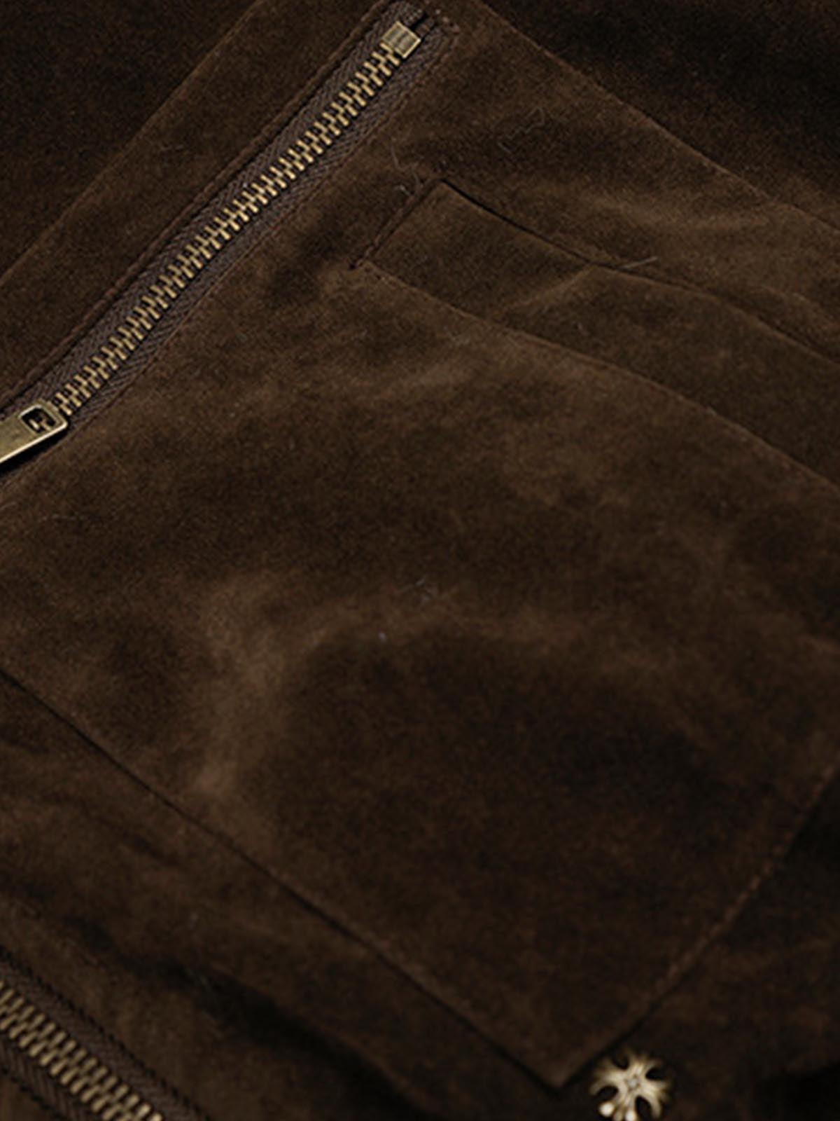 Utility Faux Shearling Collar Suede Look Zip Up Jacket 