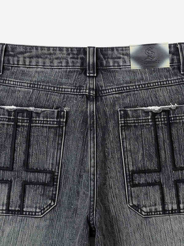 Ripped Letter Wide-Leg Denim Shorts