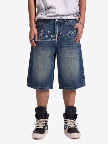 Music Print Denim Shorts with Embroidered Notes