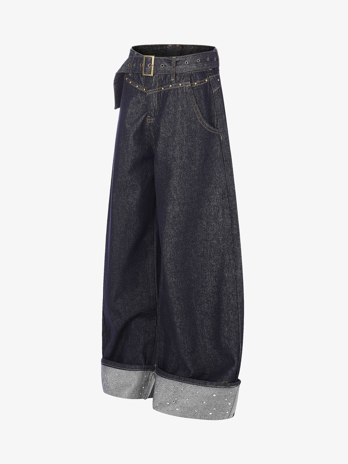 Thesupermade Raw Denim Rhinestone Turn-up Baggy Jeans