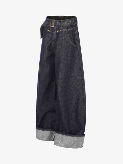 Thesupermade Raw Denim Rhinestone Turn-up Baggy Jeans