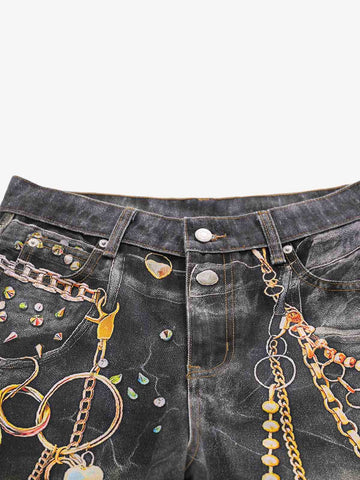 3D Chain Key Print Jeans