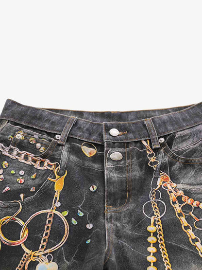 3D Chain Key Print Jeans