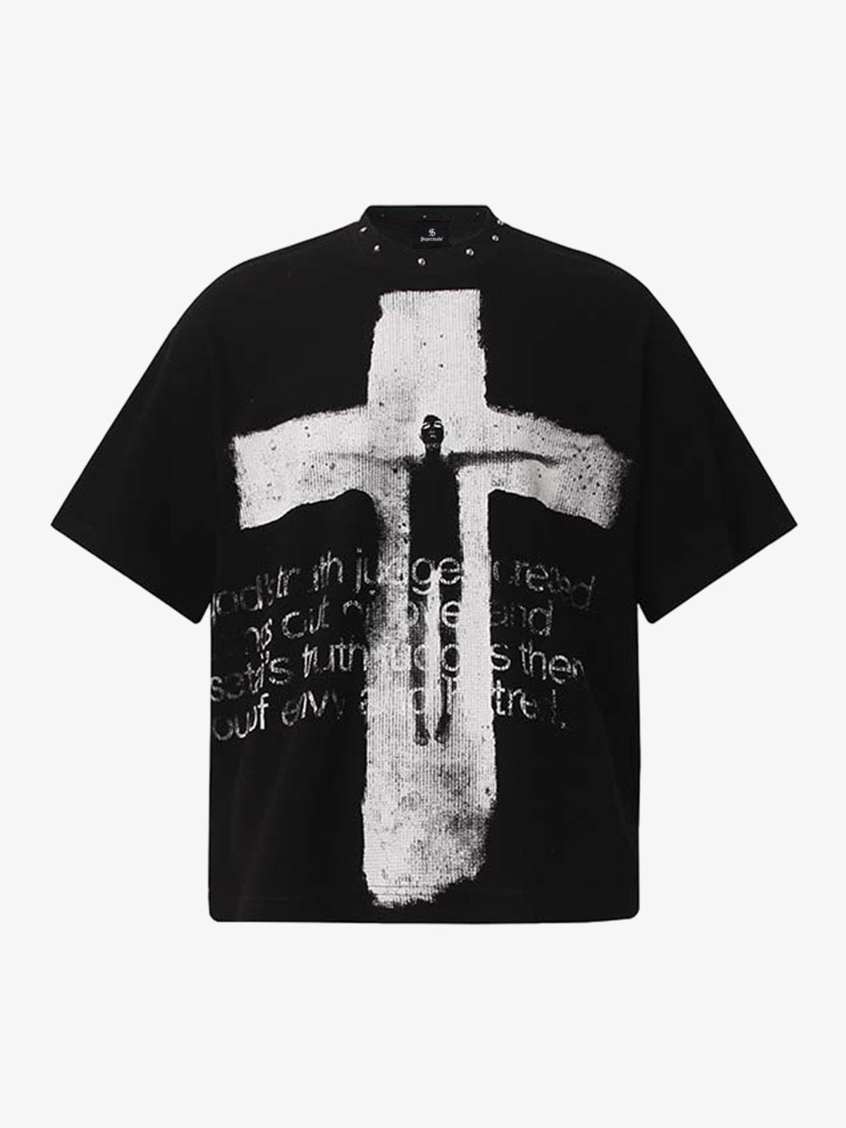 Studded Collar Cross Print Waffle T-Shirt