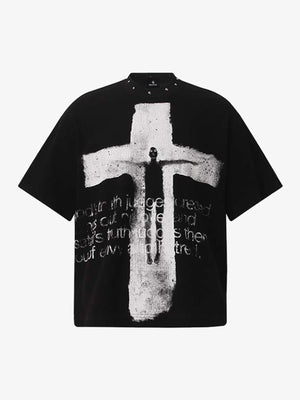 Studded Collar Cross Print Waffle T-Shirt