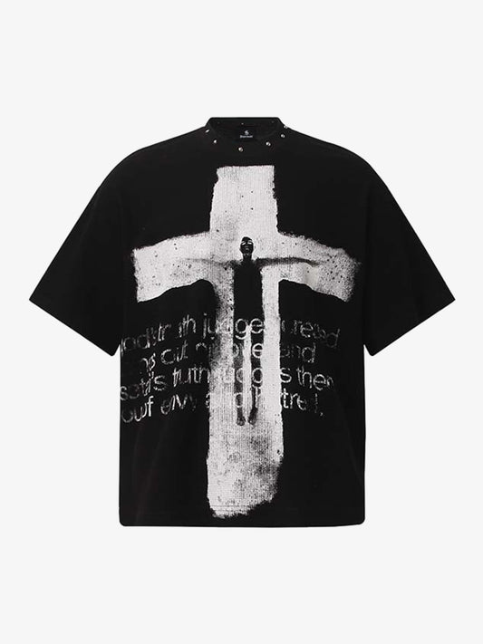 Studded Collar Cross Print Waffle T-Shirt