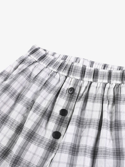 Plaid Wide-Leg Pants with Button-Front Waistband – Cotton Blend Relaxed Fit Casual Trousers