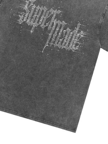 Washed Gothic Letter Imitation Diamond T-Shirt 