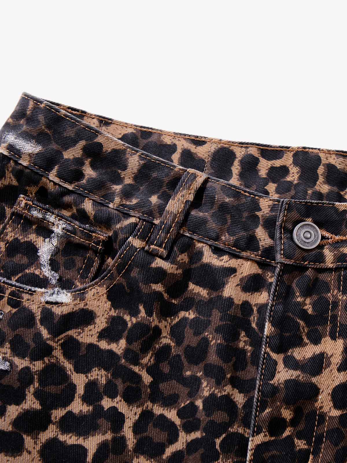 Bold Leopard Print Distressed Wide-Leg Jeans 