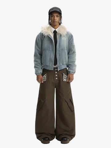 Washed Embroidered Fur-Lined Denim Bomber Jacket 