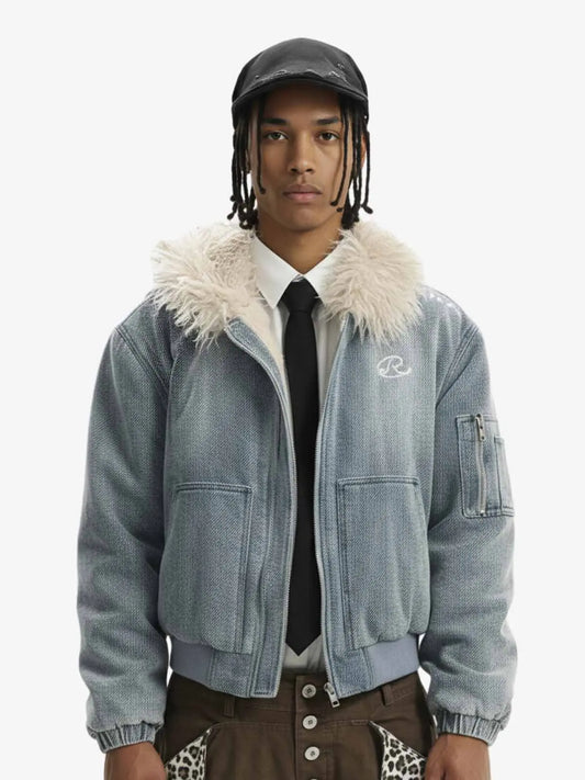 Washed Embroidered Fur-Lined Denim Bomber Jacket 