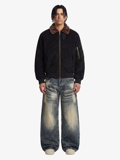Retro Suede Faux Fur Collar Fleece Lined Bomber Jacket 