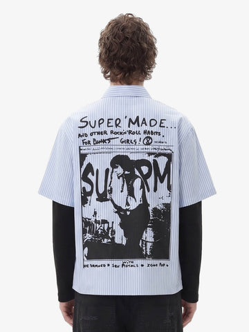Vintage Illustration Striped Faux Two-Piece Shirt 